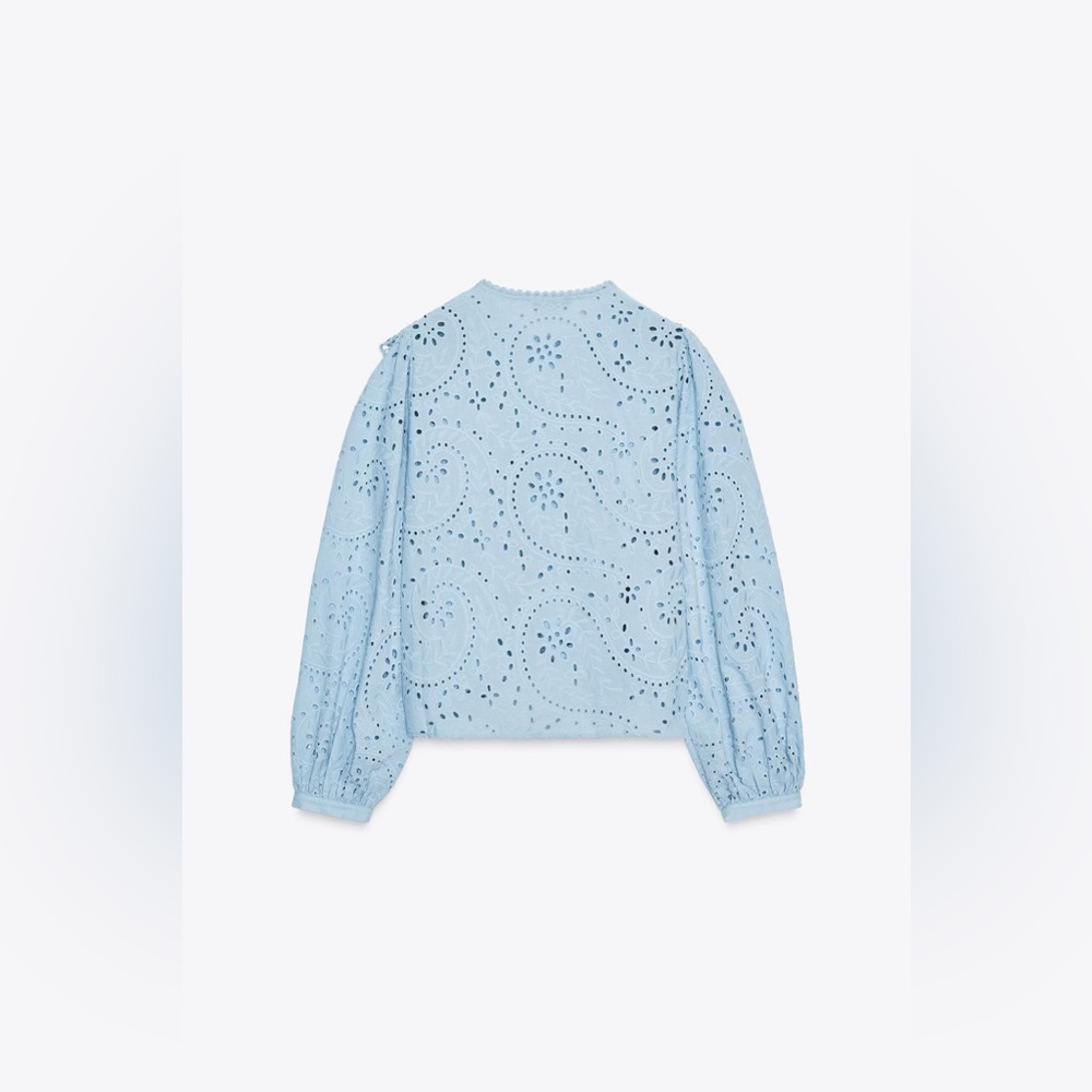 Zara Perforated Embroidery Shirt | Pastel Blue | Sz XS | NWT - Picture 6 of 10